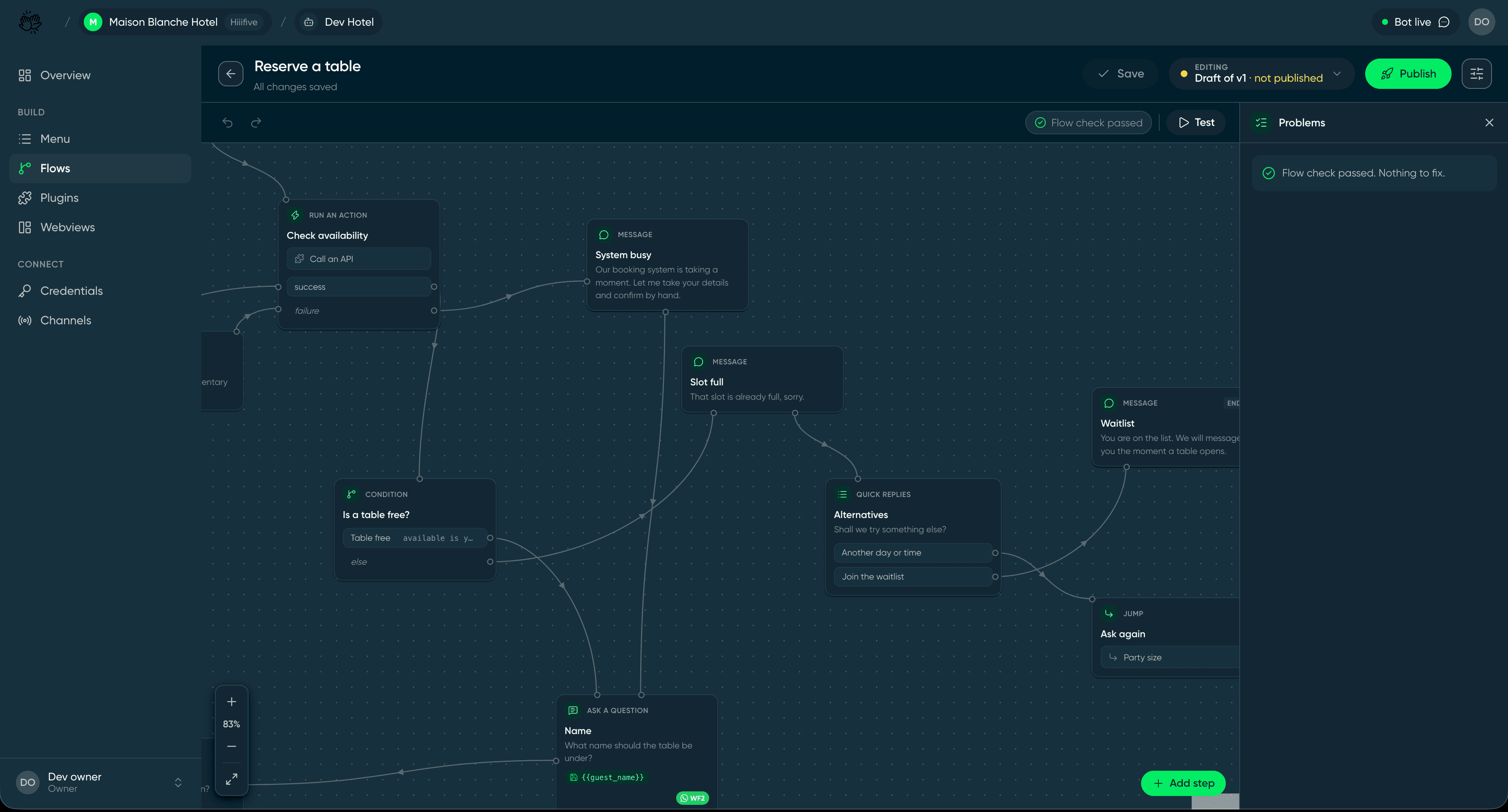 The Hiiifive flow builder showing a table reservation flow, with branches for each answer